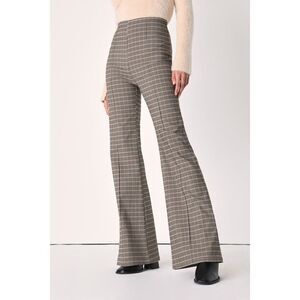 Lulus Retro Flair Black And Yellow Plaid High Waisted Flare Pants Beige - Size M